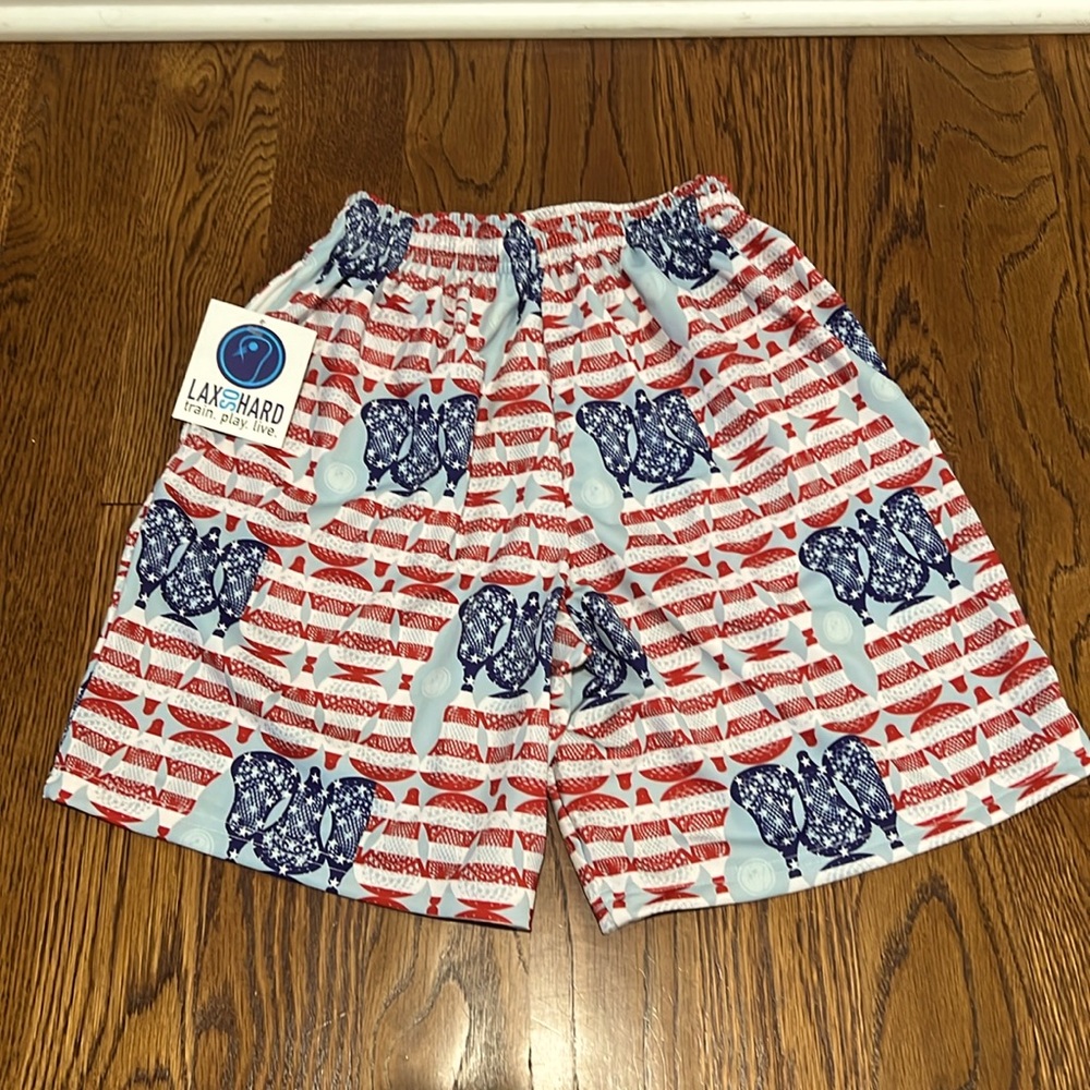 Boys large (10/12) “Lax So Hard” American Flag Shorts NWT